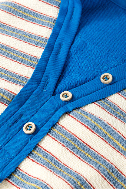 Striped Collared V-Neck Button Top