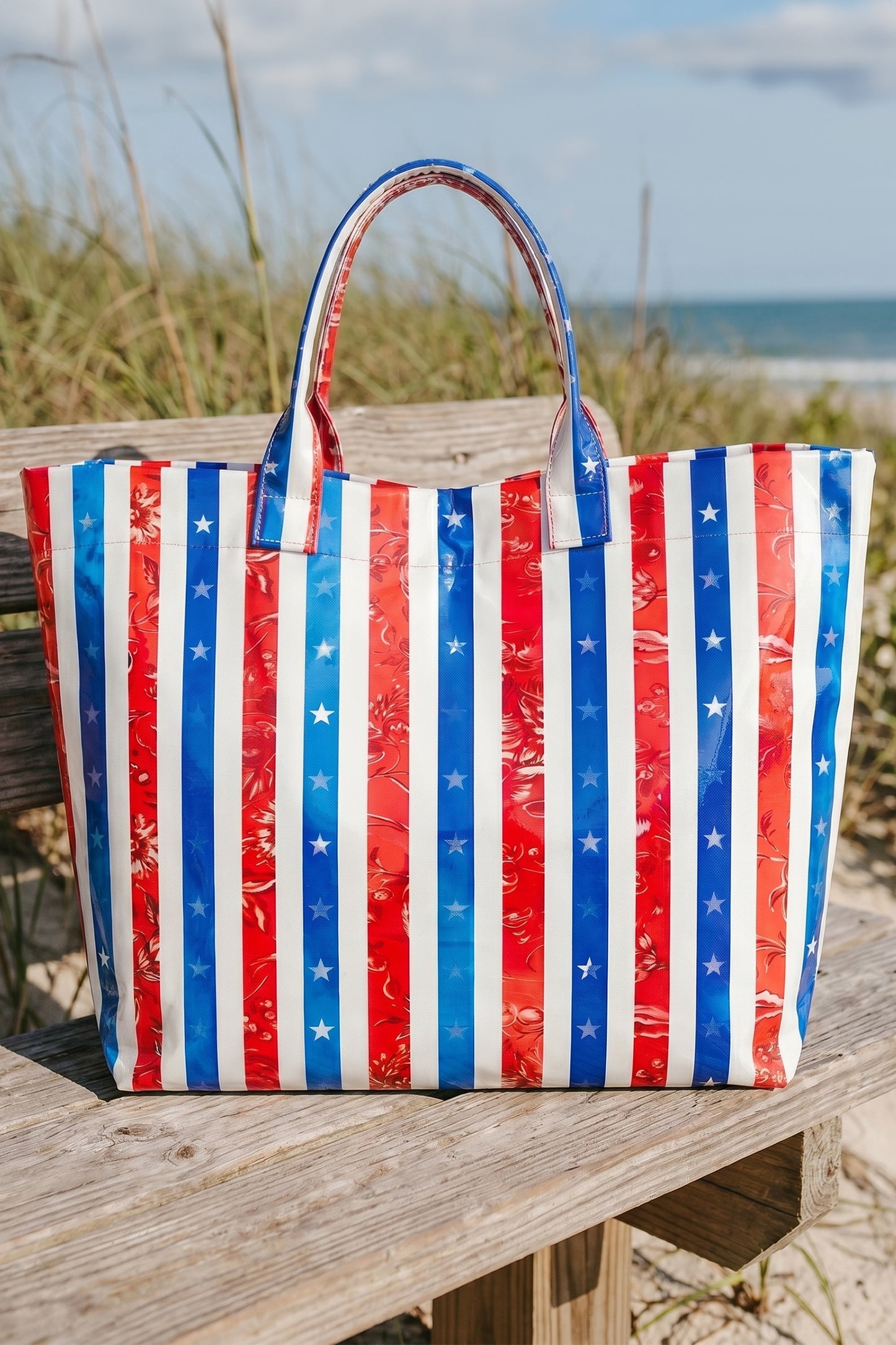 Red, White, and Blue Waterproof Vinyl Tote Bag – Colorblock Beach Carryall