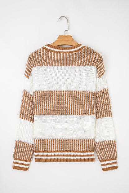 Two Tone Striped Patchwork Drop Shoulder Loose Sweater