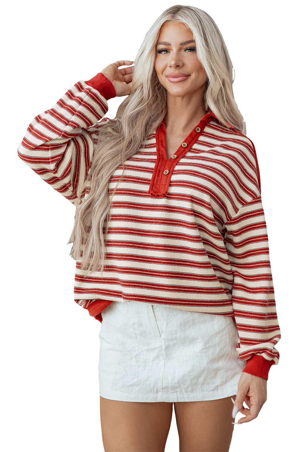 Striped Collared V-Neck Button Top