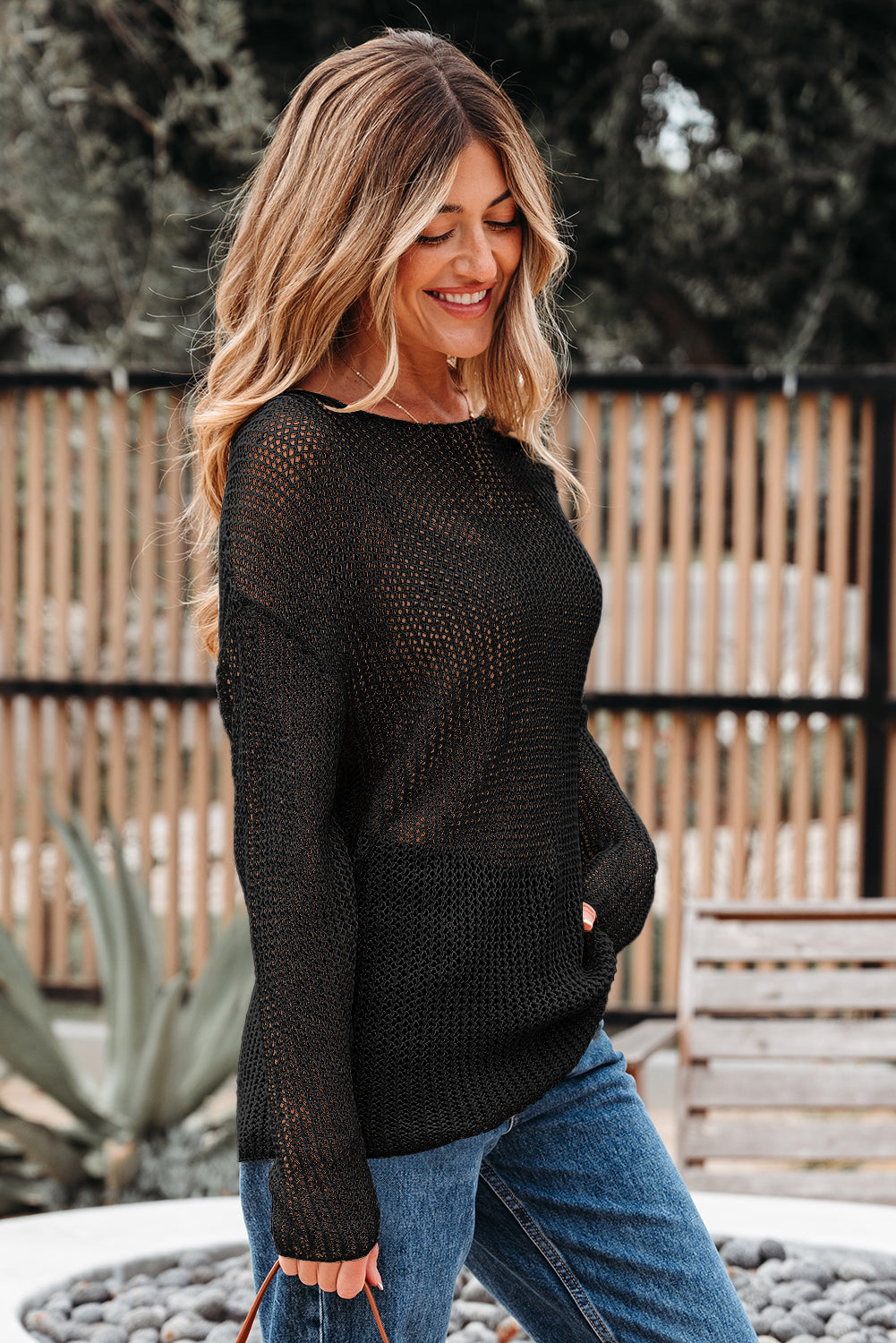 Boho Hollow-Out Sweater – Sand & Black