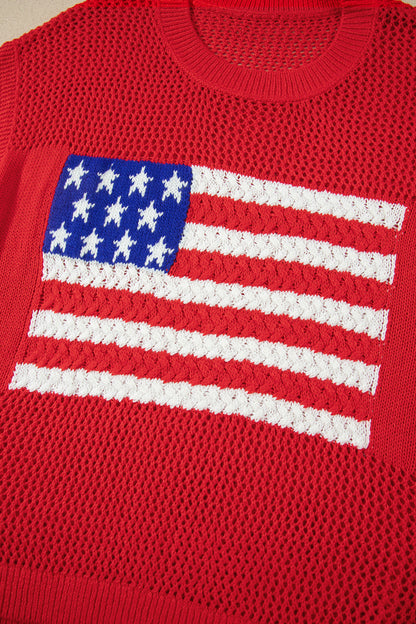 Sky Blue American Flag Knit Top – Short Sleeve Loose Sweater