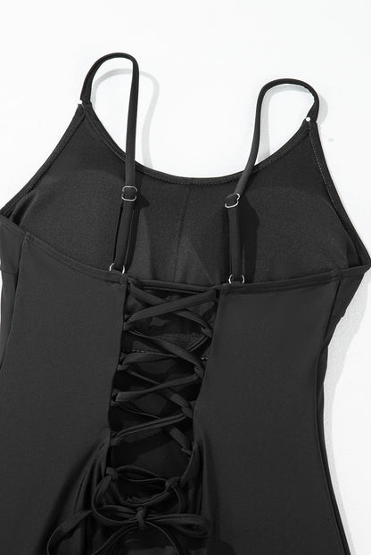 Black Lace Up One Piece Swimsuit – Open Back Strappy Swimwear