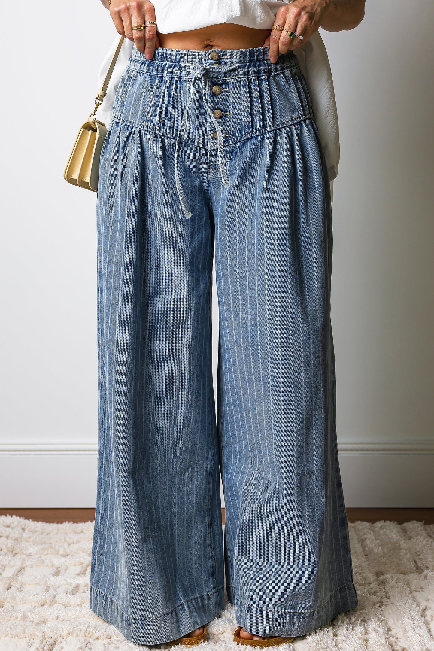 Sky Blue Stripe Wide Leg Bohemian Jeans – Drawstring Waist Striped Denim Pants