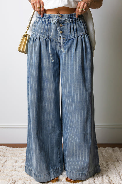 Sky Blue Stripe Wide Leg Bohemian Jeans – Drawstring Waist Striped Denim Pants