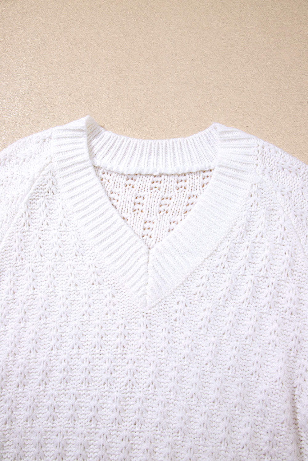 White Textured Knit Ribbed Edge V Neck Loose Sweater