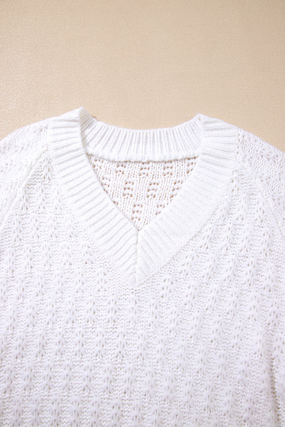White Textured Knit Ribbed Edge V Neck Loose Sweater