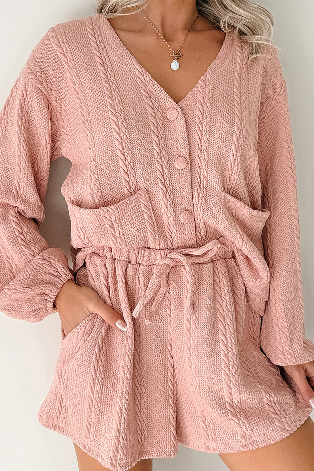 Gossamer Pink Button Cardigan Two Piece Short Set – Cable Knit Lounge Set