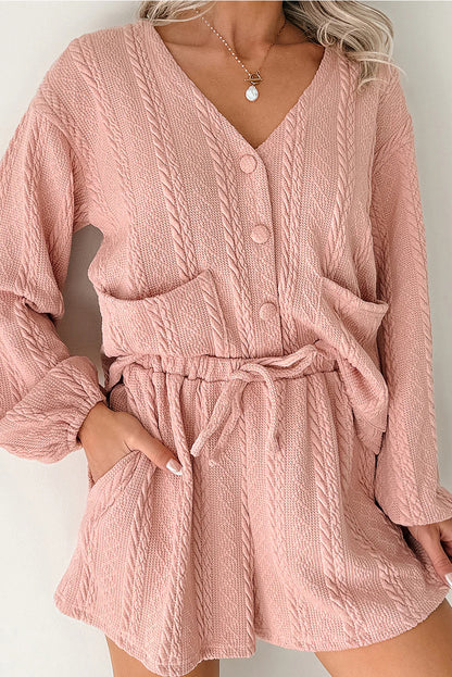 Gossamer Pink Button Cardigan Two Piece Short Set – Cable Knit Lounge Set