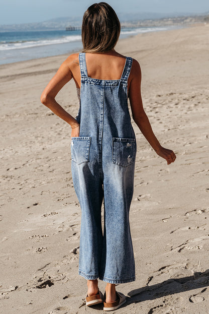 Stone Blue Wide Leg Denim Jumpsuit – Button Bib Pocket Overalls