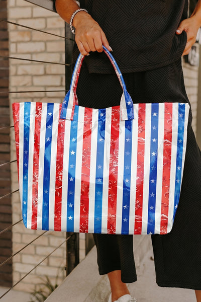 Red, White, and Blue Waterproof Vinyl Tote Bag – Colorblock Beach Carryall