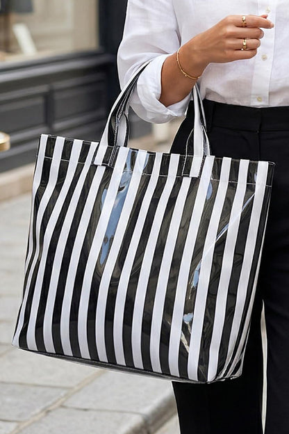 Yellow Cream Striped Waterproof Tote – Oversized Coastal Carryall Bag