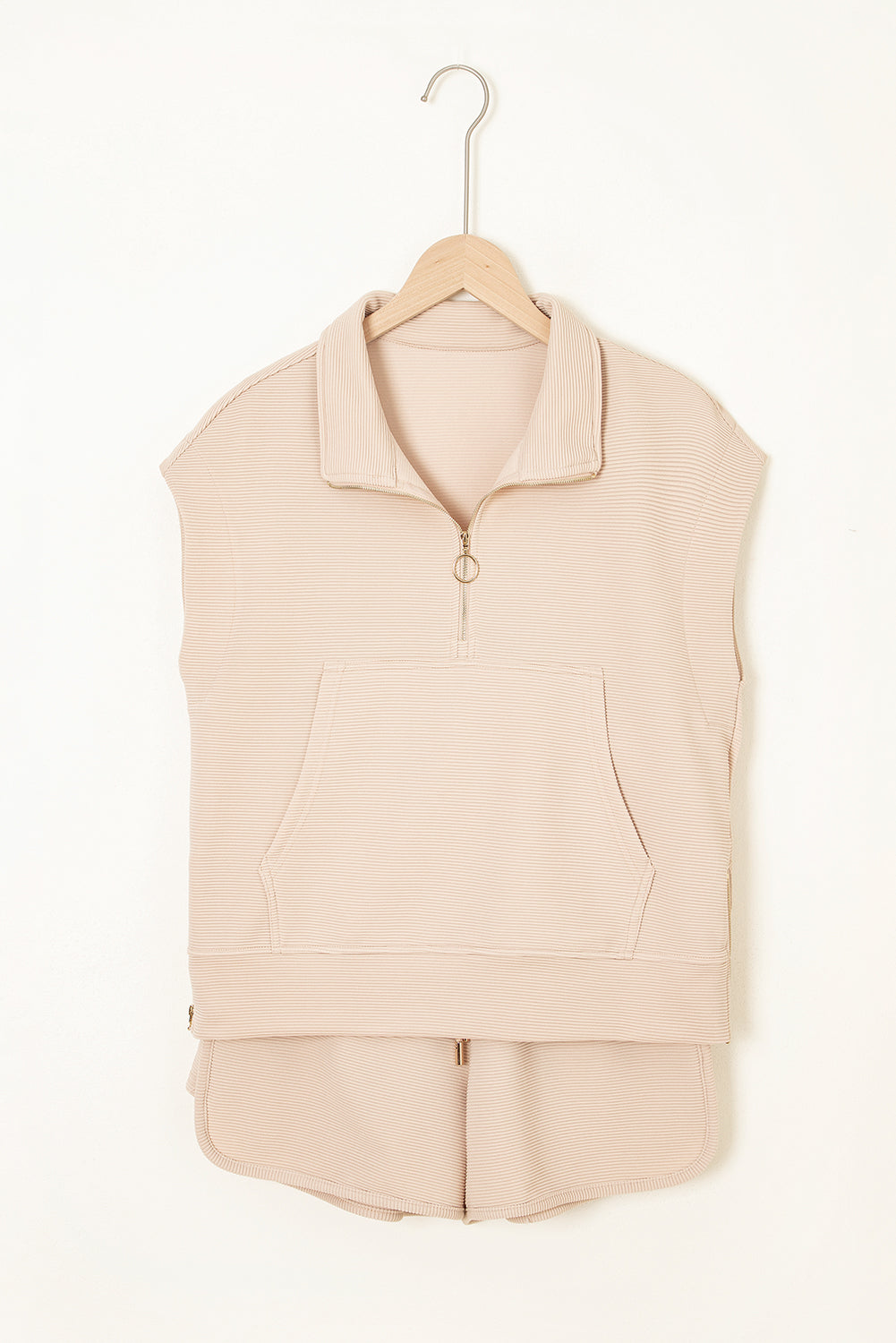 Parchment Textured Knit Two Piece Short Set – Zip Up Top & High Waist Shorts
