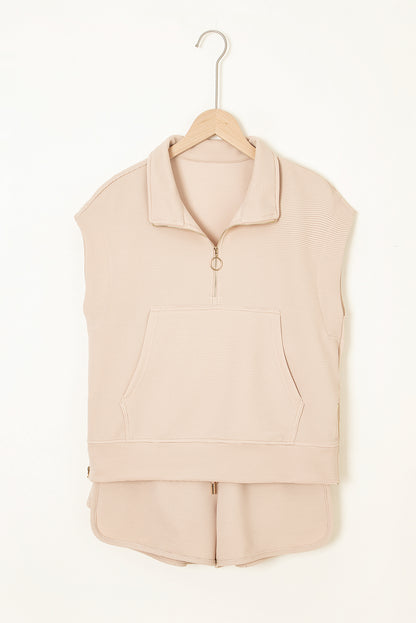 Parchment Textured Knit Two Piece Short Set – Zip Up Top & High Waist Shorts
