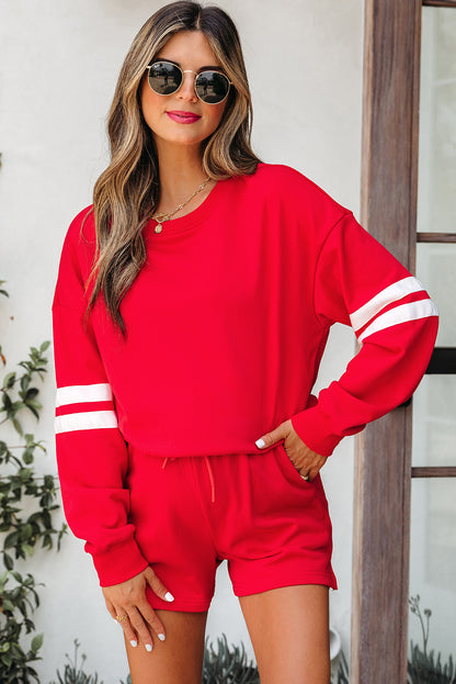 Varsity Two Piece Short Set – Drop Shoulder Pullover Lounge Set