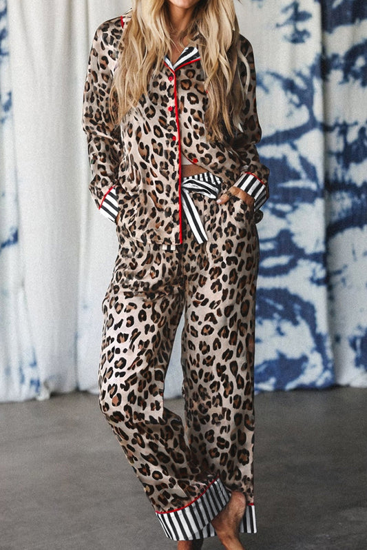 Khaki Leopard Print Colorblock Striped Edge Shirt and Pants Pajama Set
