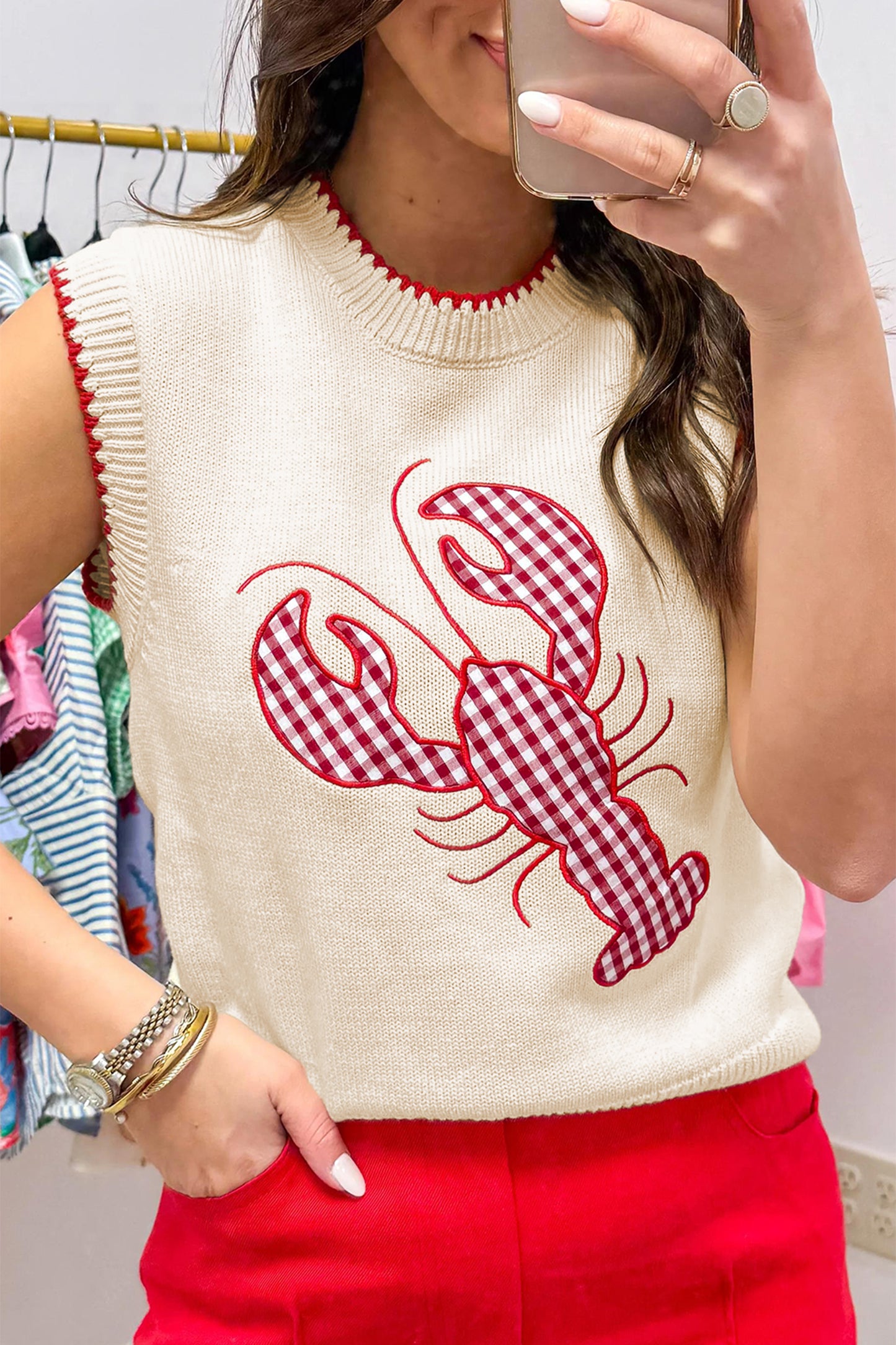 Lobster Sweater Vest – Gingham Embroidered Sleeveless Knit Top