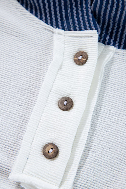 White Patchwork Hoodie with Button & Pocket