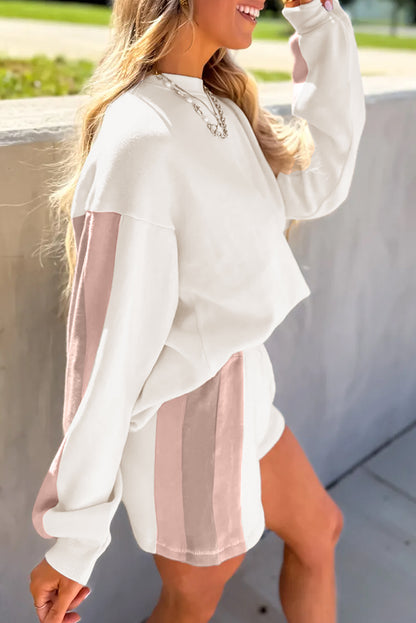 White Patchwork Two Piece Short Set – Oversized Pullover Lounge Set