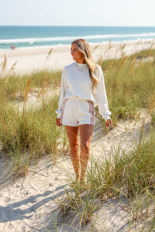 White Patchwork Two Piece Short Set – Oversized Pullover Lounge Set