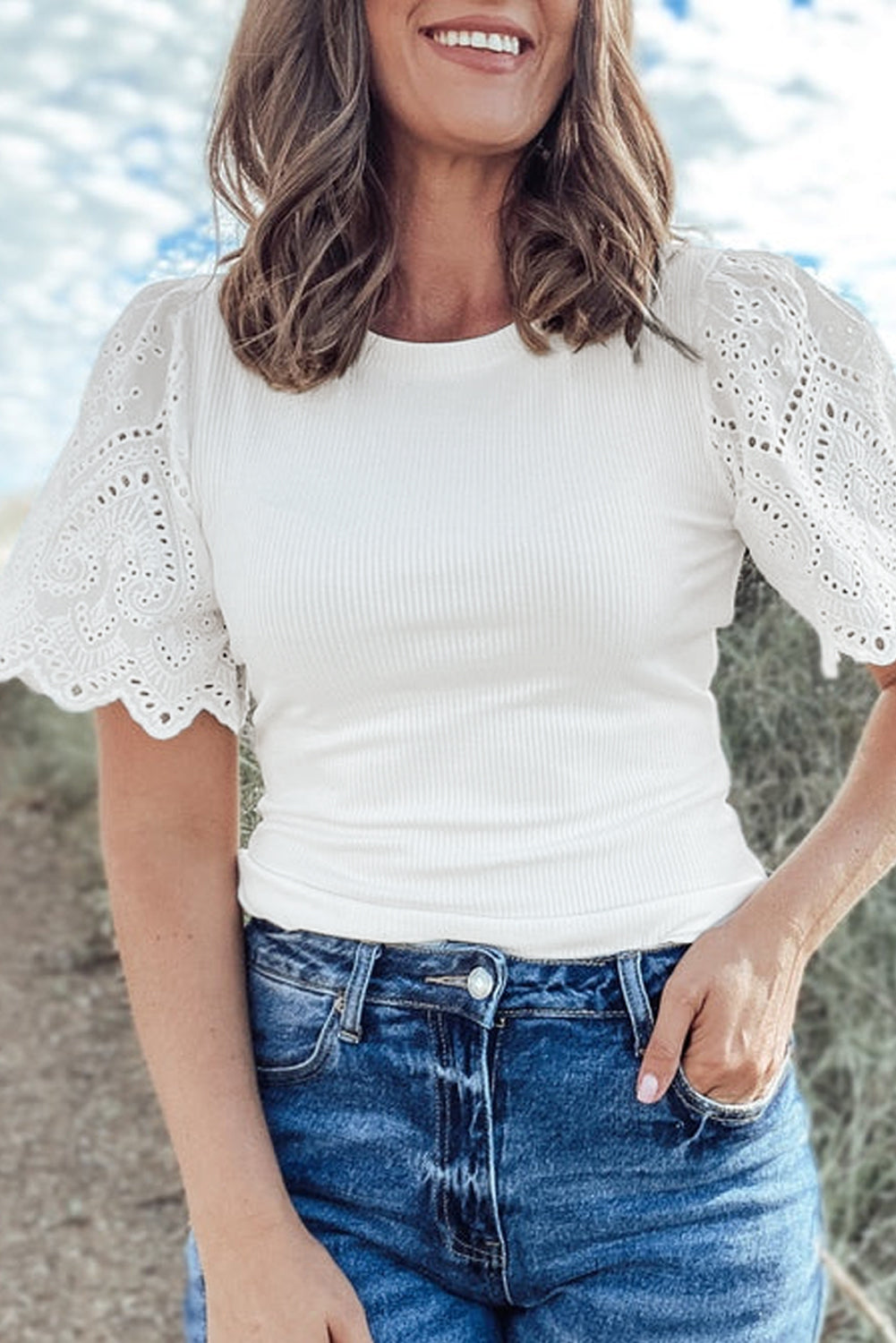 White Lace Patchwork Eyelet Top