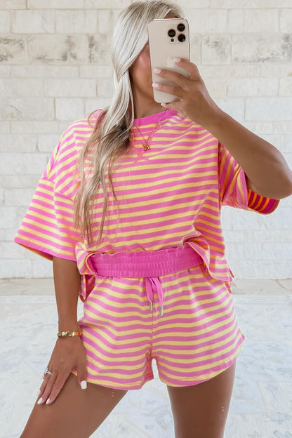 Stripe Terry Two Piece Short Set – Drop Shoulder Lounge Set