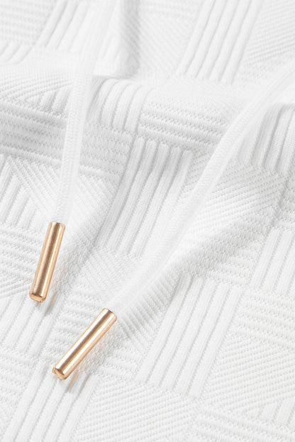 White Textured Two Piece Short Set – Drawstring Hoodie Lounge Outfit