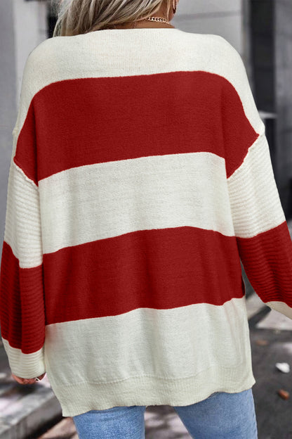 Stripe Colorblock V Neck Sweater – Bubble Sleeve Knit Pullover