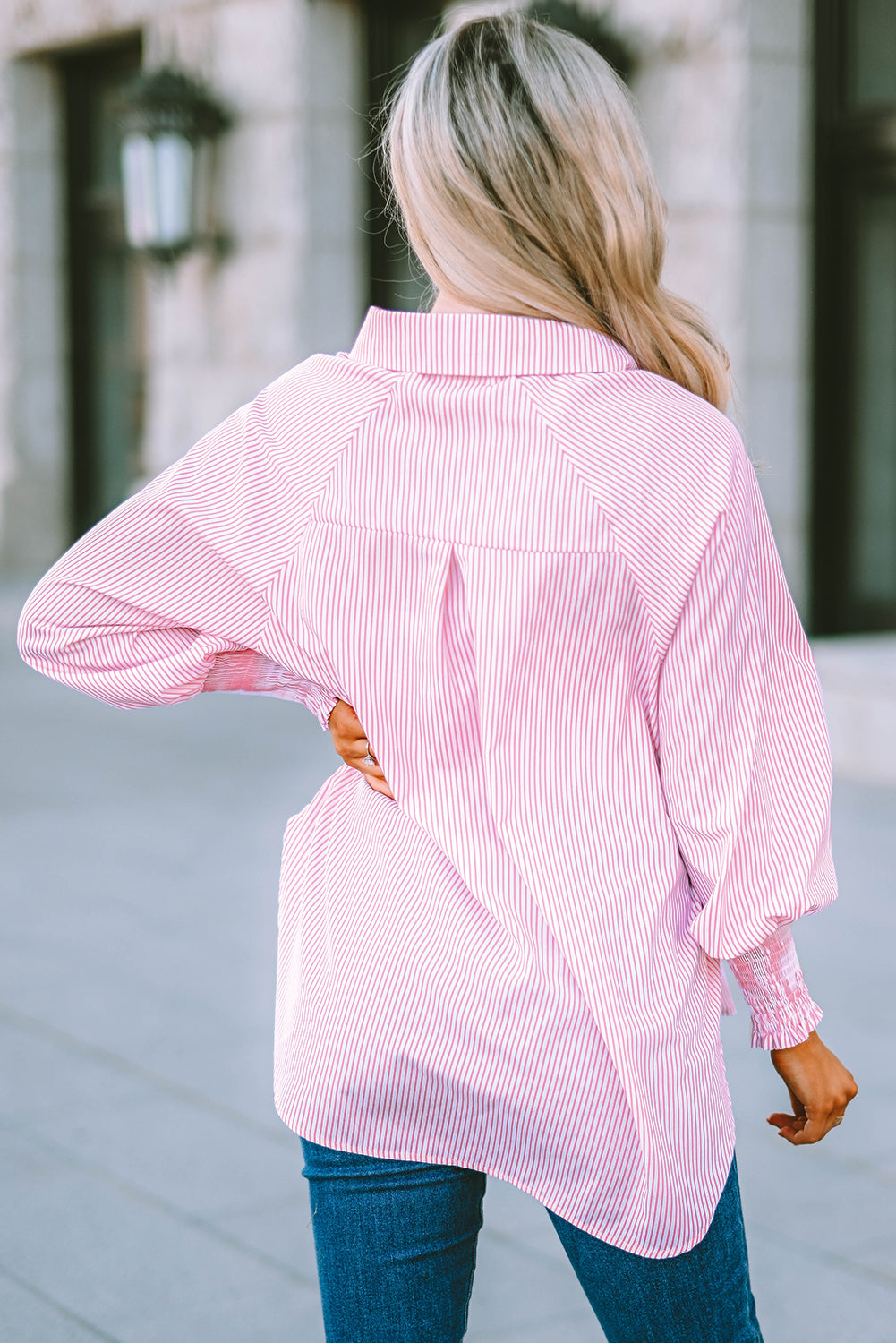 Striped Oversized Button Up Shirt – Smocked Cuff Coastal Top