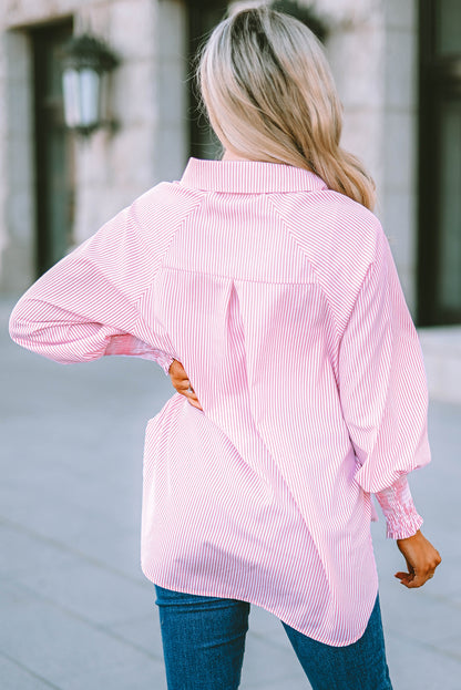 Striped Oversized Button Up Shirt – Smocked Cuff Coastal Top
