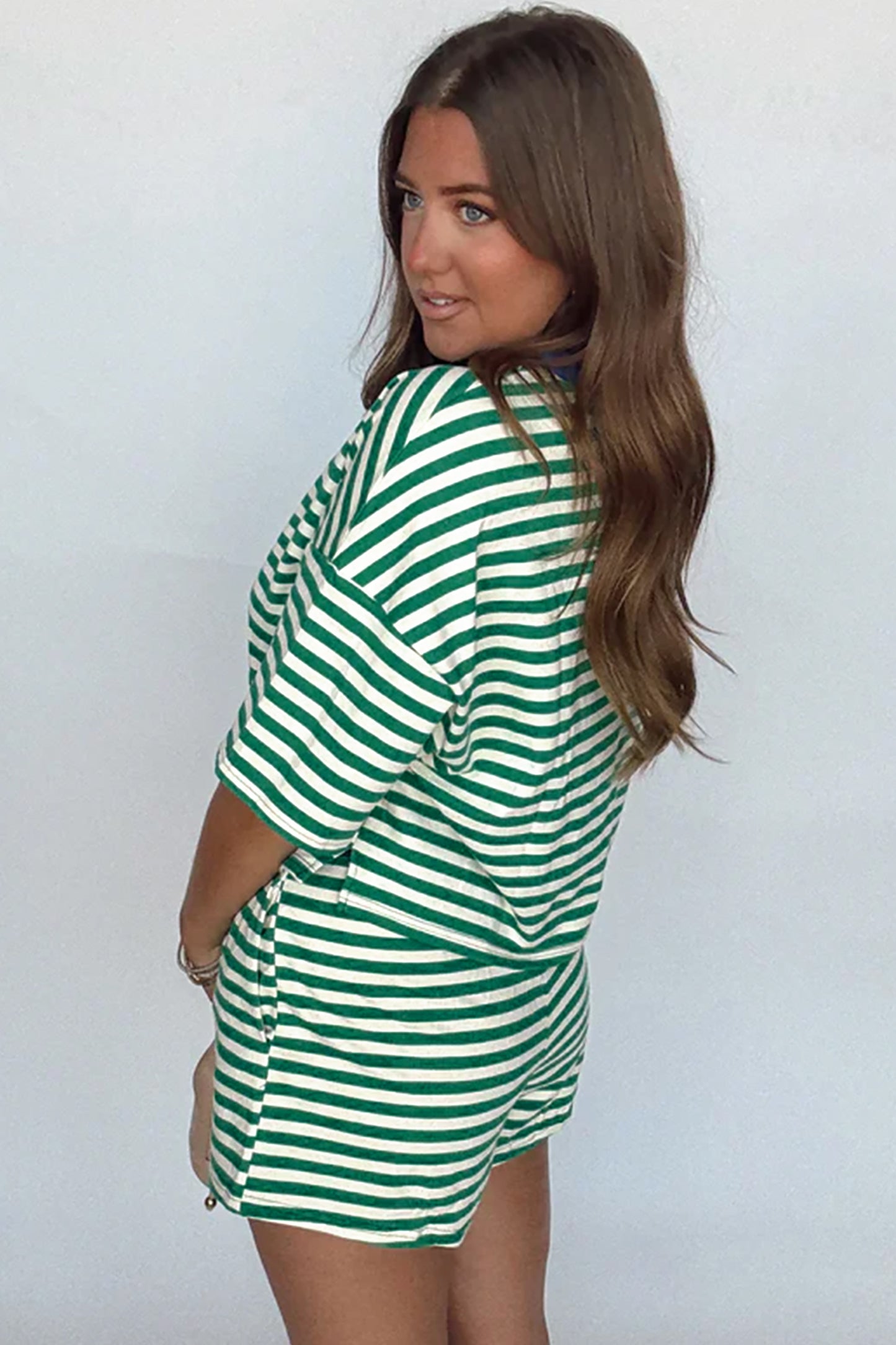 Stripe Terry Two Piece Short Set – Drop Shoulder Lounge Set