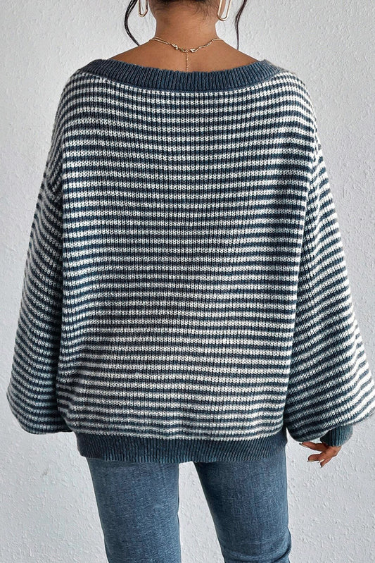 Sail Blue Striped Lantern Sleeve Sweater