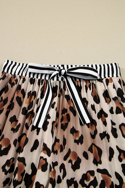 Khaki Leopard Print Colorblock Striped Edge Shirt and Pants Pajama Set