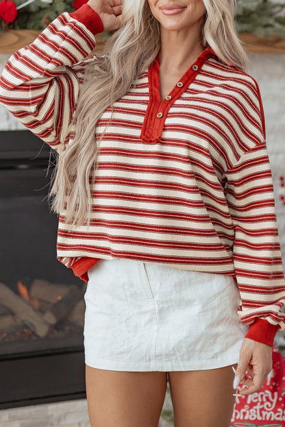 Striped Collared V-Neck Button Top