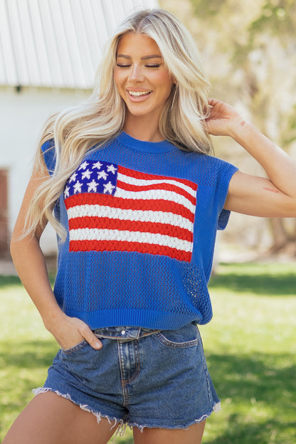 Sky Blue American Flag Knit Top – Short Sleeve Loose Sweater