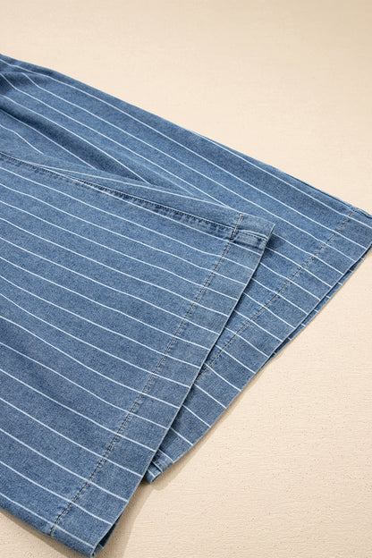 Sky Blue Stripe Wide Leg Bohemian Jeans – Drawstring Waist Striped Denim Pants