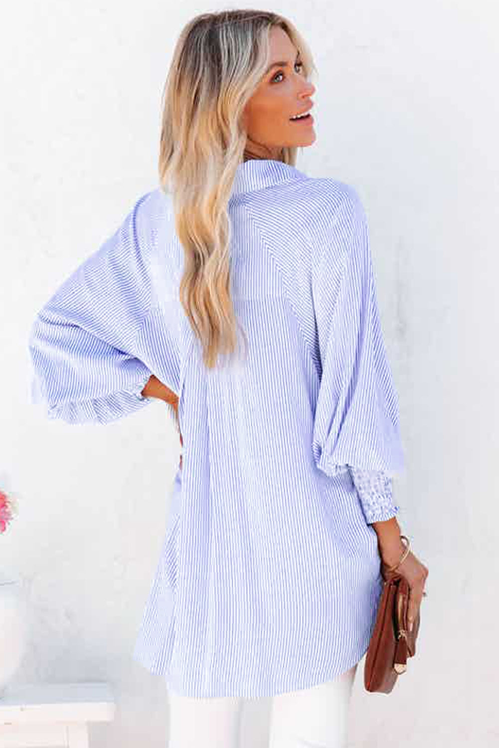 Striped Oversized Button Up Shirt – Smocked Cuff Coastal Top