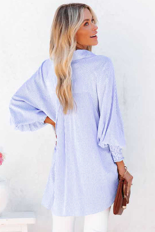 Striped Oversized Button Up Shirt – Smocked Cuff Coastal Top