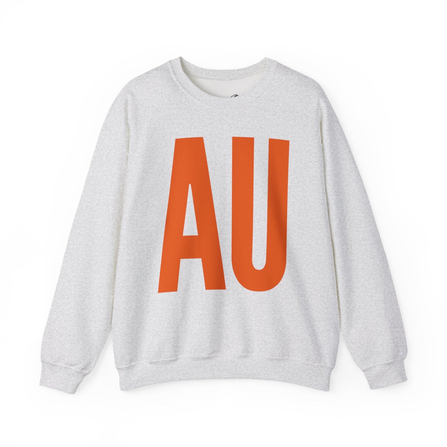 Gray sweatshirt with orange 'AU' letters on a white background