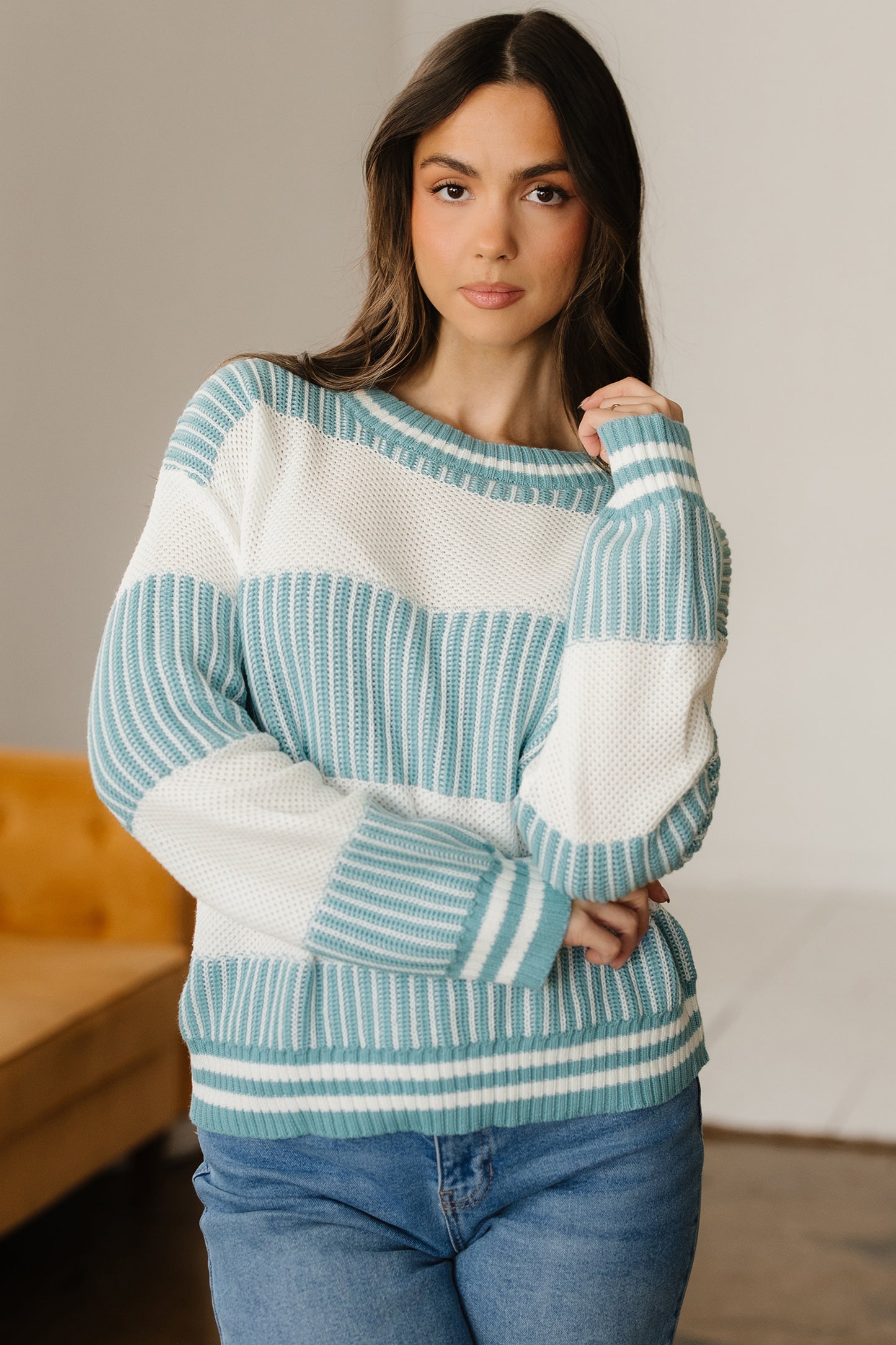 Two Tone Striped Patchwork Drop Shoulder Loose Sweater