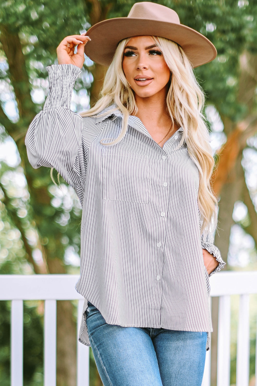 Striped Oversized Button Up Shirt – Smocked Cuff Coastal Top