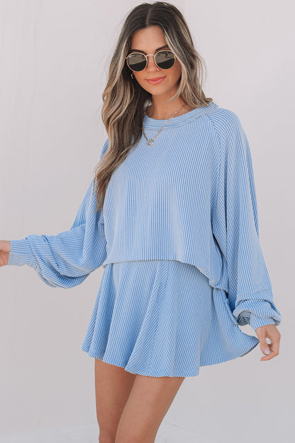 Sky Blue Corded Lantern Sleeve Top & Ruffled Mini Skirt Set