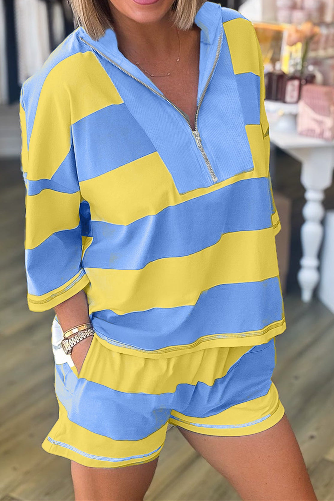 Stripe Colorblock Two Piece Short Set – Zip Collar Tee Outfit