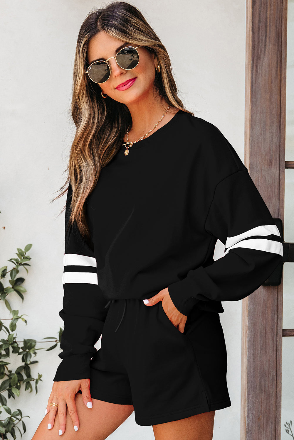 Varsity Two Piece Short Set – Drop Shoulder Pullover Lounge Set