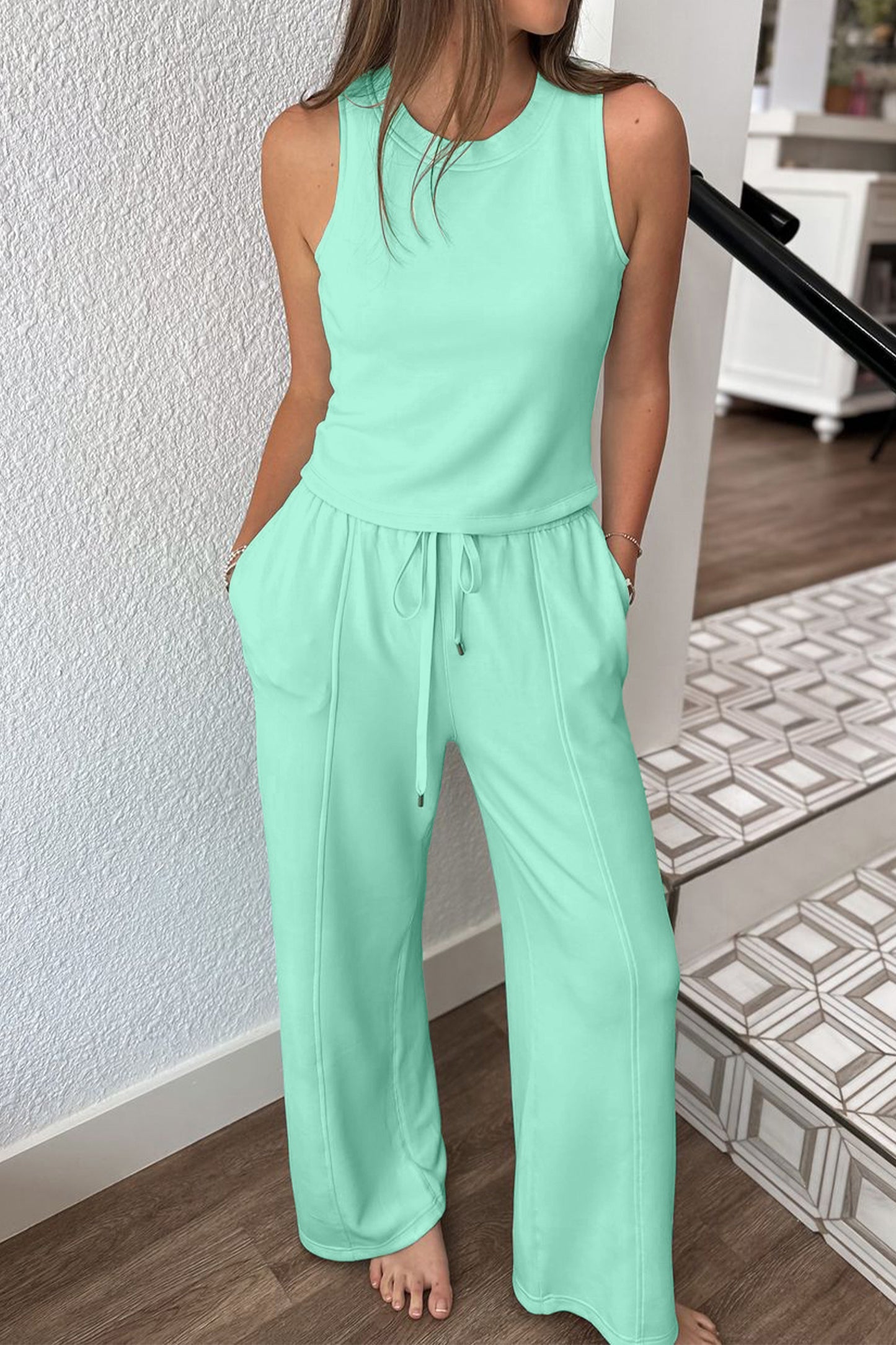 Moonlight Jade Two Piece Pant Set – Sleeveless Top and Wide Leg Pants