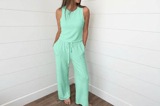 Moonlight Jade Two Piece Pant Set – Sleeveless Top and Wide Leg Pants