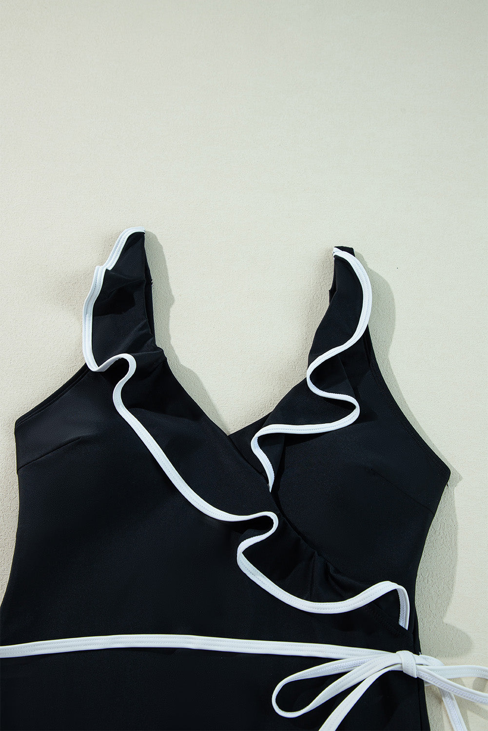 Black & White Ruffle One Piece Swimsuit – V Neck Waist Tie Swimwear