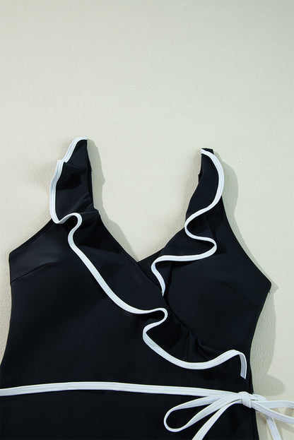 Black & White Ruffle One Piece Swimsuit – V Neck Waist Tie Swimwear
