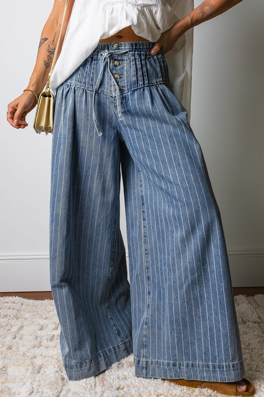 Sky Blue Stripe Wide Leg Bohemian Jeans – Drawstring Waist Striped Denim Pants