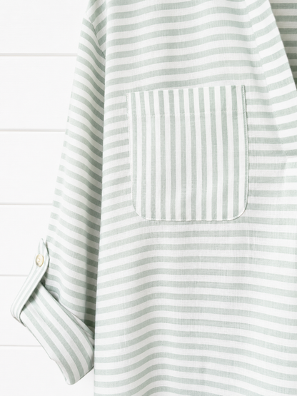 White Stripe Beach Cover Up Shirt – Collared Long Sleeve Button Down